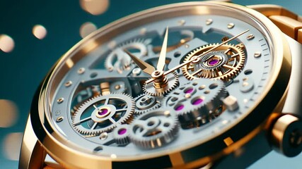 Extreme close-up of luxury golden wristwatch with visible intricate mechanical movement and gears. High-end horology showcasing sophisticated watchmaking craftsmanship. Elegant timepiece detail highli