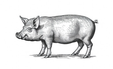 Pig, hog, boar. Vintage retro print, black white pig sketch ink pencil style drawing, linear drawing, engrave old school. Sketch artwork silhouette pig, hog, boar. Side view profile. Illustration