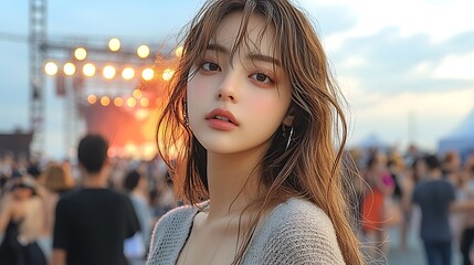A model in a soft summer knit standing amidst a vibrant outdoor concert crowd, the stage lights glowing in the background, her knit softly illuminated by the evening sun,