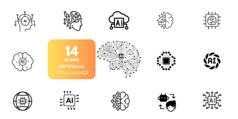 The Generation AI icon is designed to generate text, images, respond to prompts, learn patterns, structure, and input training data. It is a set of artificial intelligence line icons including technol