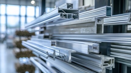Obraz premium Various samples of aluminum profile on the stand. Industry