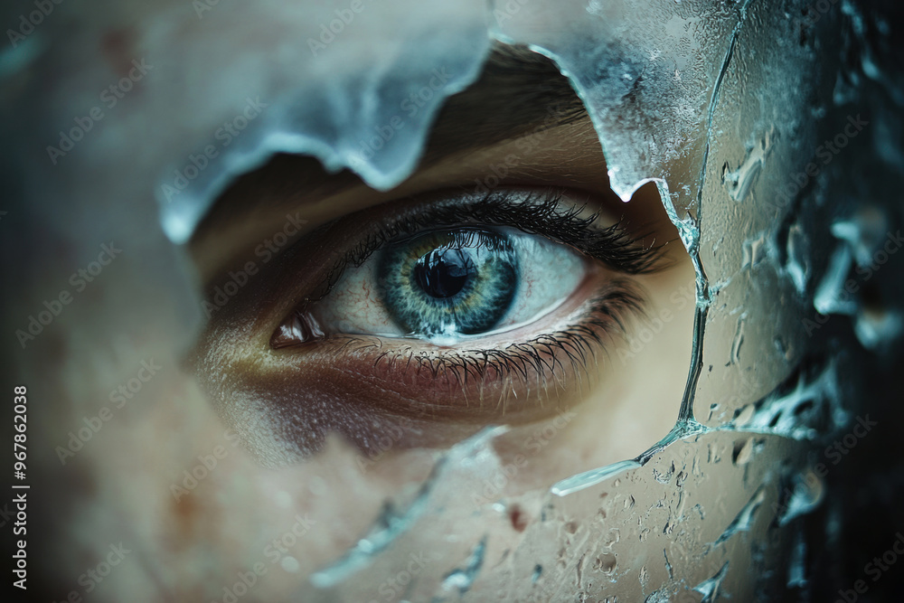 Poster a broken mirror reflects tearful face, capturing moment of vulnerability and introspection. eye gaze