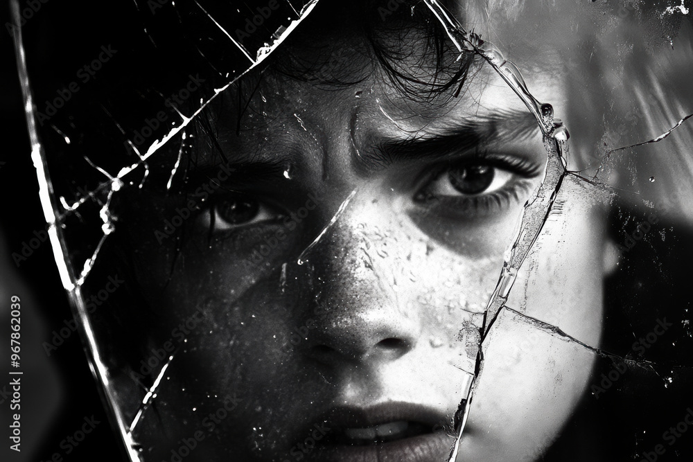 Poster tearful face reflecting through broken mirror, capturing deep emotions and identity struggles. image