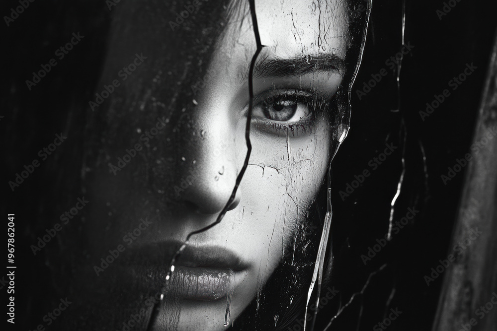 Poster a broken mirror reflects tearful face, capturing moment of deep emotion and identity struggle. intri