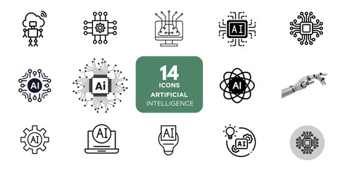 The Generation AI icon is designed to generate text, images, respond to prompts, learn patterns, structure, and input training data. It is a set of artificial intelligence line icons including technol