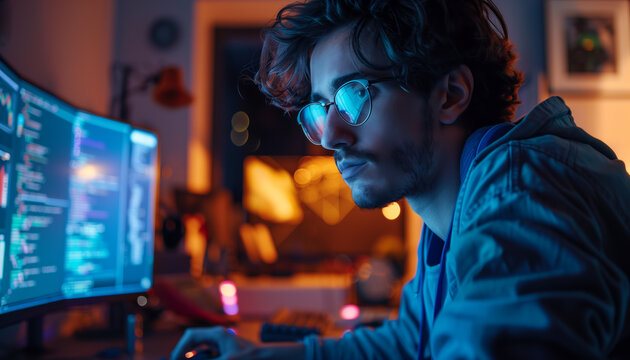 A man wearing glasses works on his computer in a dark room with a glowing screen depicting game developer or computer gammer, copy space, aspect ratio 16:9
