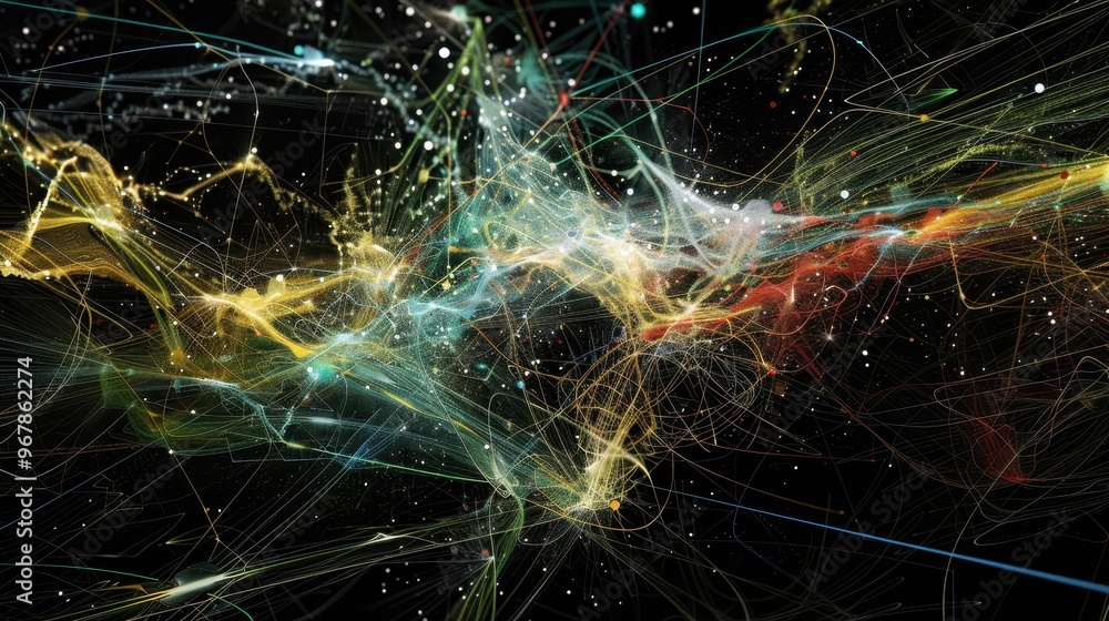 Poster abstract swirling lines of color and light on a black background. a cosmic nebula with streaks of co