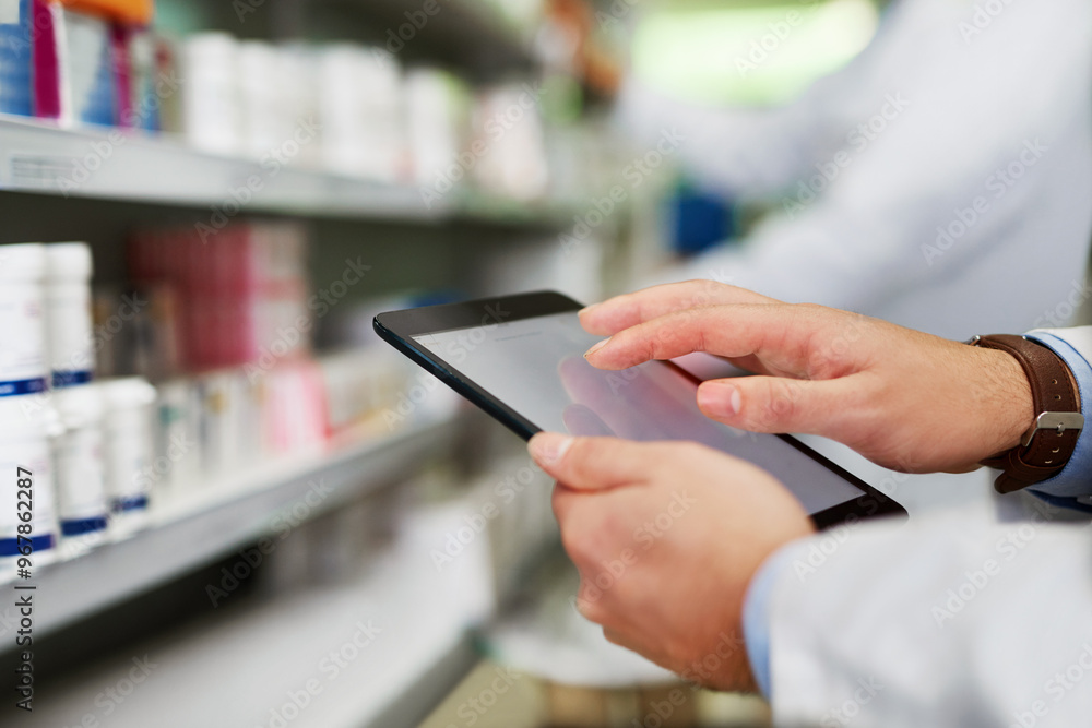 Poster hands, pharmacist and man with tablet, typing and internet with digital app for inventory, stock and