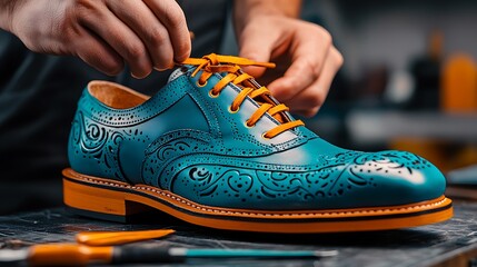 Close-up of hands tying laces on a blue leather shoe with an intricate design.