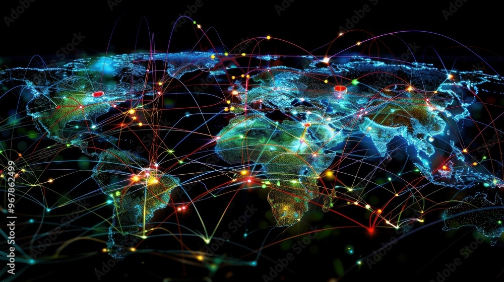 Poster abstract world map with glowing lines and dots, representing global connection and communication.