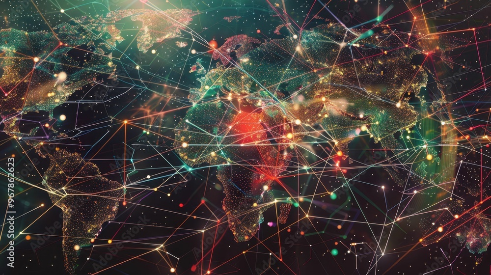 Poster abstract world map with glowing lines and dots, representing global connection and communication.