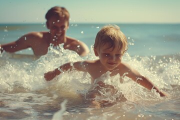 father bathes with child in the sea. Happy family on beach holiday vacation. Father playing tropical beach at summer sunset. Dad with boy kid enjoy and fun outdoor lifestyle activity together the sea