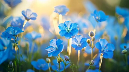 beautiful blue flower field, endless flower field with romantic sunset sunlight