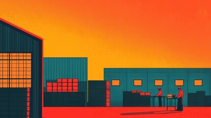 A retro-inspired illustration of a food packaging factory with workers hand-labeling products, surrounded by vintage machinery, Digital Art, Warm tones