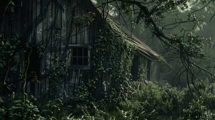 An overgrown wooden cabin nestled deep in a lush, green forest. The building is weathered and worn, with vines crawling up its walls.