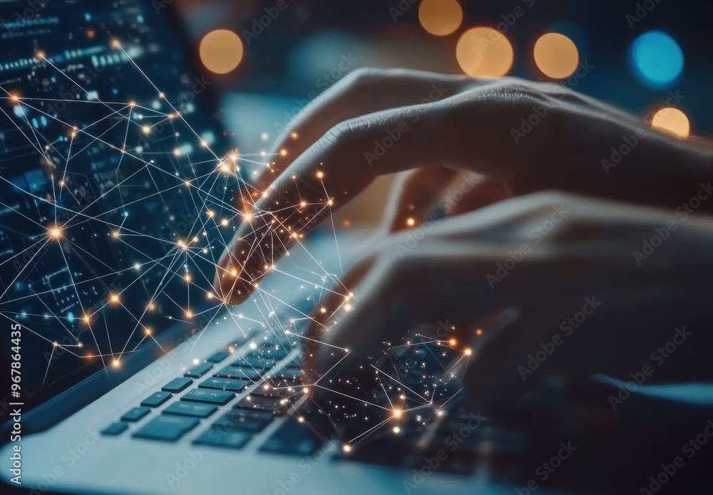 Poster hands typing on laptop with network connection visualization
