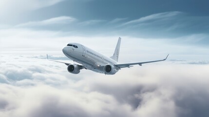 Commercial airplane flying above clouds in the blue sky.