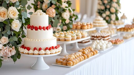 Naklejka premium A white wedding cake topped with raspberries is elegantly displayed on a dessert table.