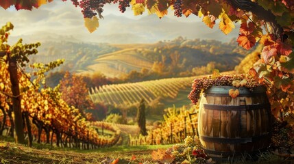 Obraz premium Autumn vineyard with rolling hills and a wooden barrel, framed by colorful leaves.