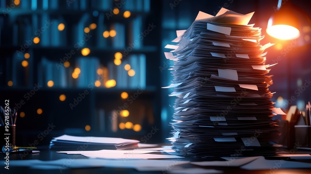 Poster a cluttered desk featuring a towering stack of papers illuminated by warm light, evoking a sense of 