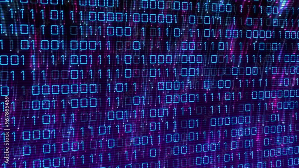 Poster animation of light spots over data processing on black background