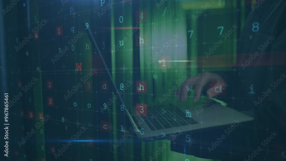 Poster animation of data processing with cyberattack warning over biracial businessman in server room