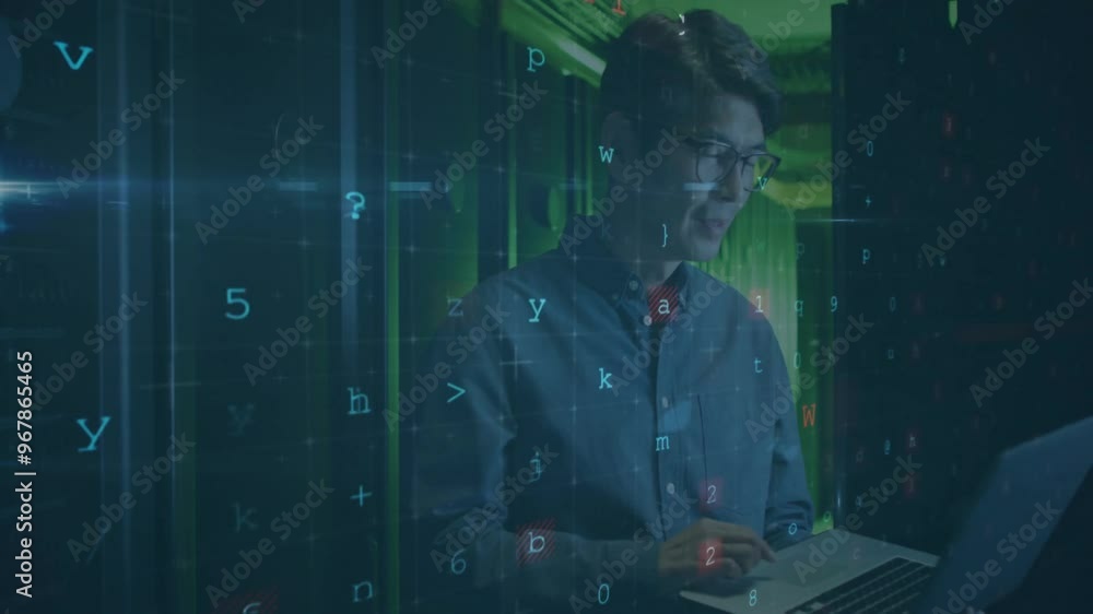 Poster animation of data processing with cyberattack warning over asian businessman in server room