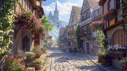 Fototapeta premium Charming cobblestone street lined with quaint buildings, blooming flowers, and a distant church steeple.