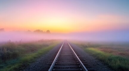 Obraz premium A beautiful sunrise over the railway tracks in an open field, with mist and smoke rising from afar. 