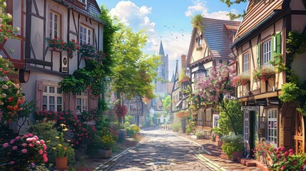 Fototapeta premium Charming cobblestone street lined with quaint houses and blooming flowers in a picturesque European village.