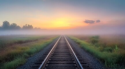 Fototapeta premium A beautiful sunrise over the railway tracks in an open field, with mist and smoke rising from afar. 