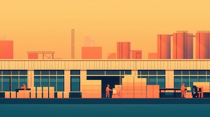 A retro-inspired illustration of a food packaging factory with workers hand-labeling products, surrounded by vintage machinery, Digital Art, Warm tones