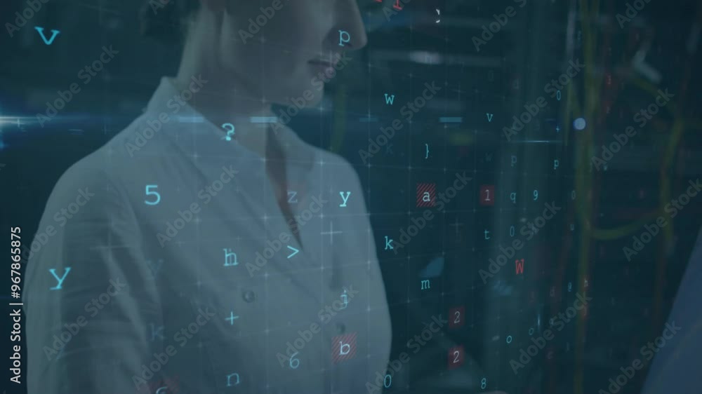 Poster animation of data processing with cyberattack warning over caucasian businesswman in server room