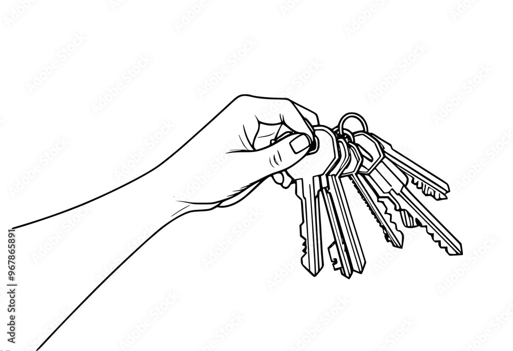 Poster a large female hand holds a bunch of keys of different shapes and sizes, isolated vector one line dr