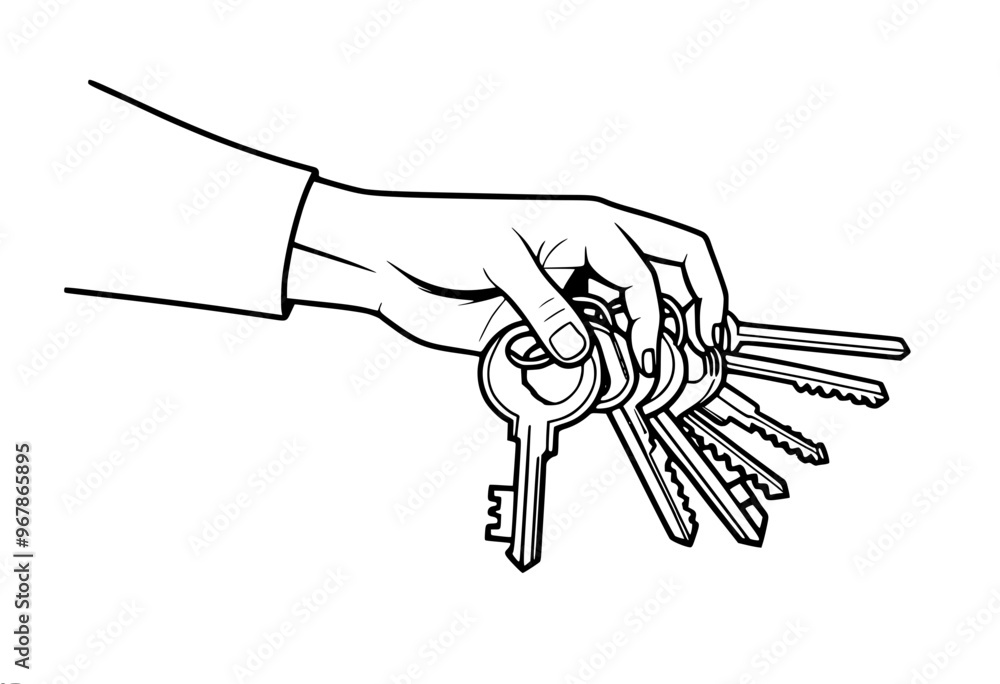 Poster simple linear vector illustration of a hand holding a bunch of keys of different shapes and sizes,