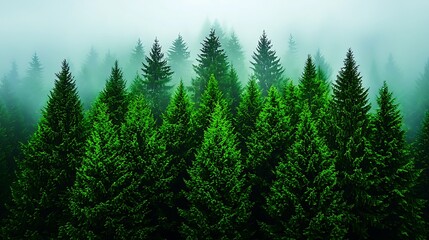 A misty forest with towering evergreen trees is shrouded in fog, creating an ethereal landscape.