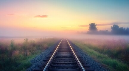 Obraz premium A beautiful sunrise over the railway tracks in an open field, with mist and smoke rising from afar. 