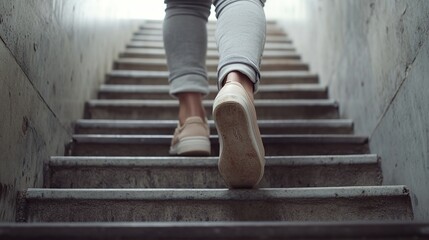 Closeup of woman feet walking on stairs. Young woman's feet wearing shoes walking up the stairs. The concept of stepping towards success