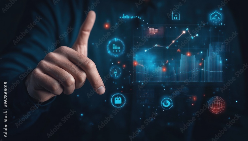 Poster hand interacting with futuristic data visualization
