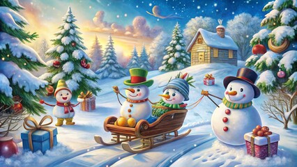 joyful winter scenes with festive sleighs and playful snowmen