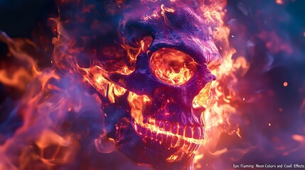 Skull with neon flames and glowing bones creating a fiery display in a dark setting.