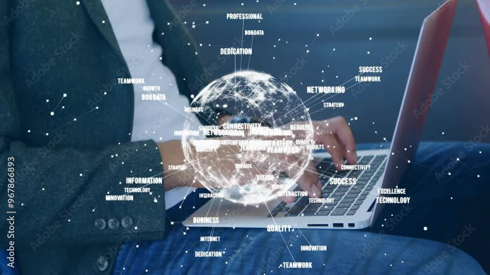 Poster animation of globe with connections and texts over biracial man using laptop