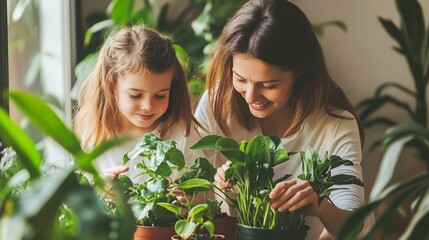 Fototapeta premium A mother and daughter enjoy planting and caring for indoor plants together in their cozy home during a sunny afternoon