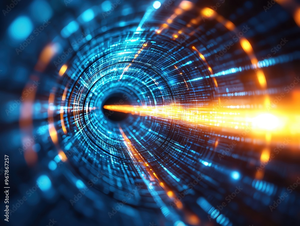 Poster a futuristic tunnel of light, displaying vibrant blue and orange lines, creating a dynamic and immer