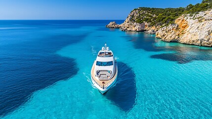 Fototapeta premium A luxury yacht glides through the clear blue waters of the Mediterranean Sea.