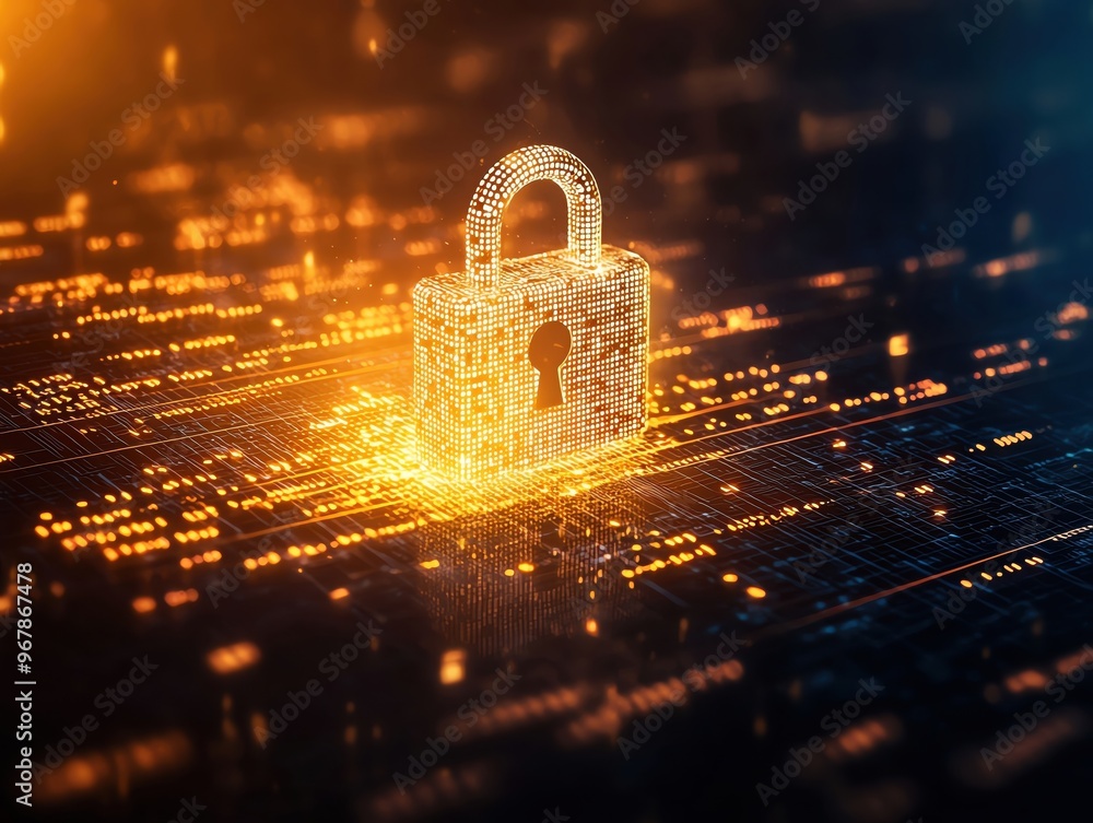 Aufkleber a glowing digital lock representing cybersecurity and data protection in a futuristic environment.