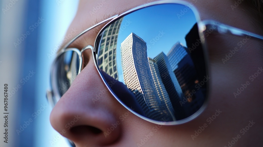 Wall mural a close-up of a person's sunglasses reflecting modern skyscrapers.