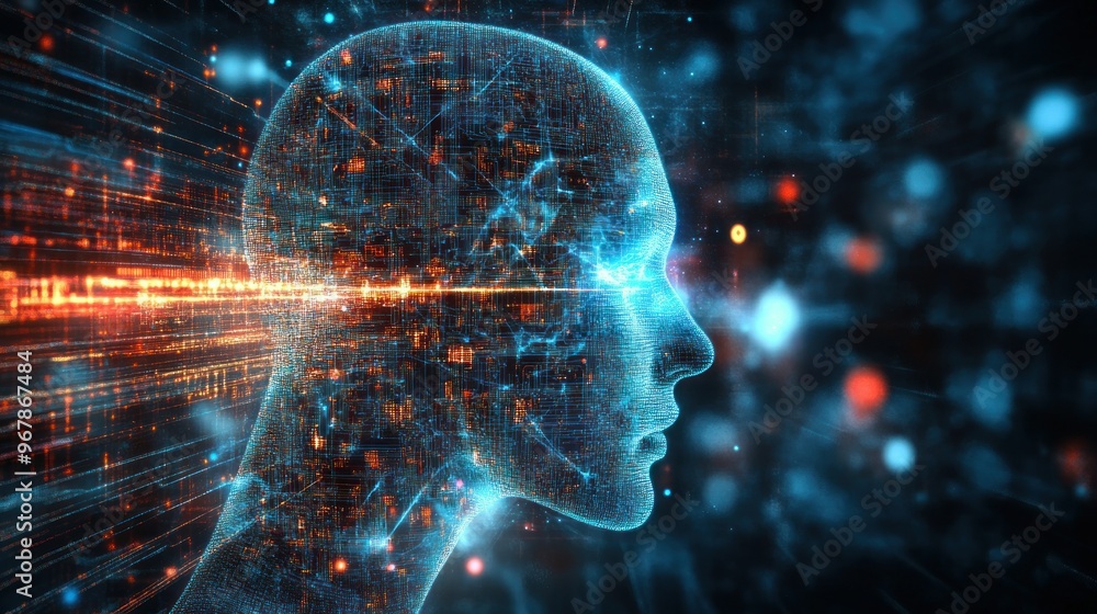 Poster digital head emerging from data stream with glowing lines
