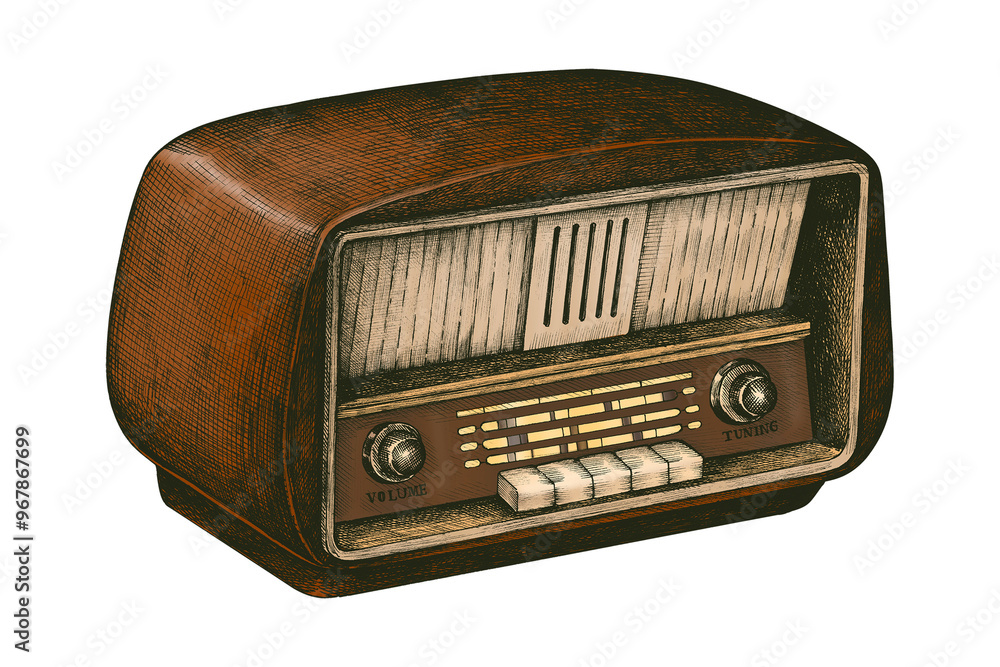 Sticker Hand drawn retro wooden radio sticker design element