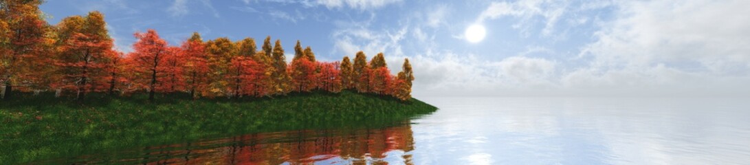 Autumn landscape over water, autumn lake and park, 3d rendering